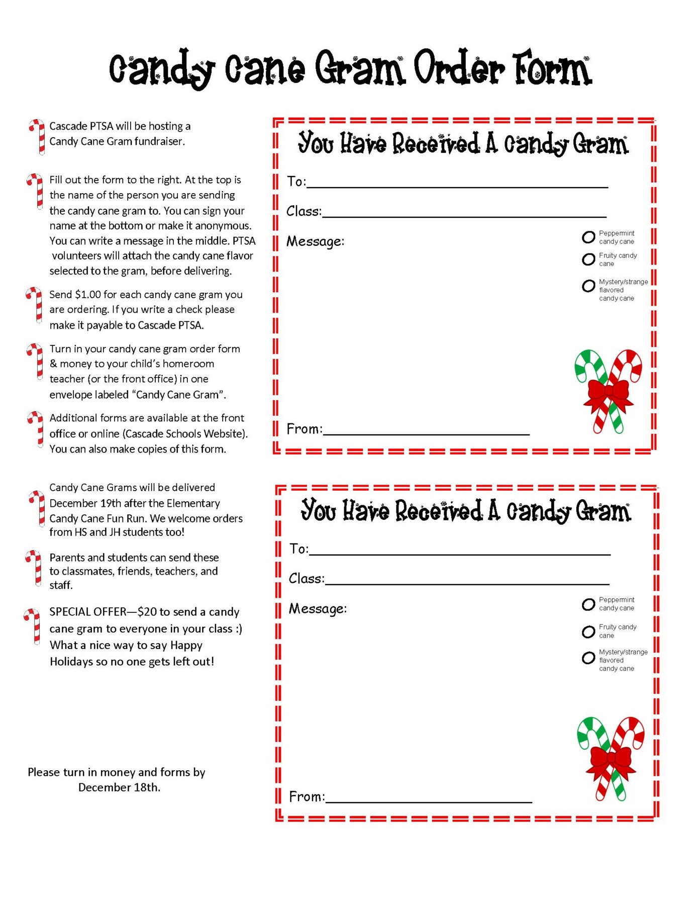 PTSA Candy Cane Gram Order Form