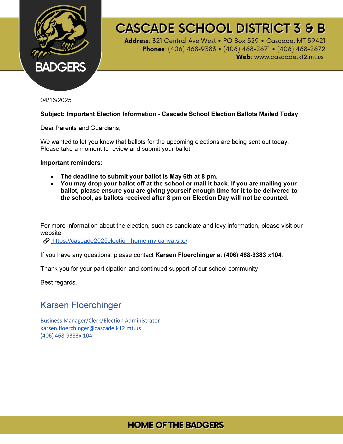  Important Election Information - Cascade School Election Ballots Mailed Today